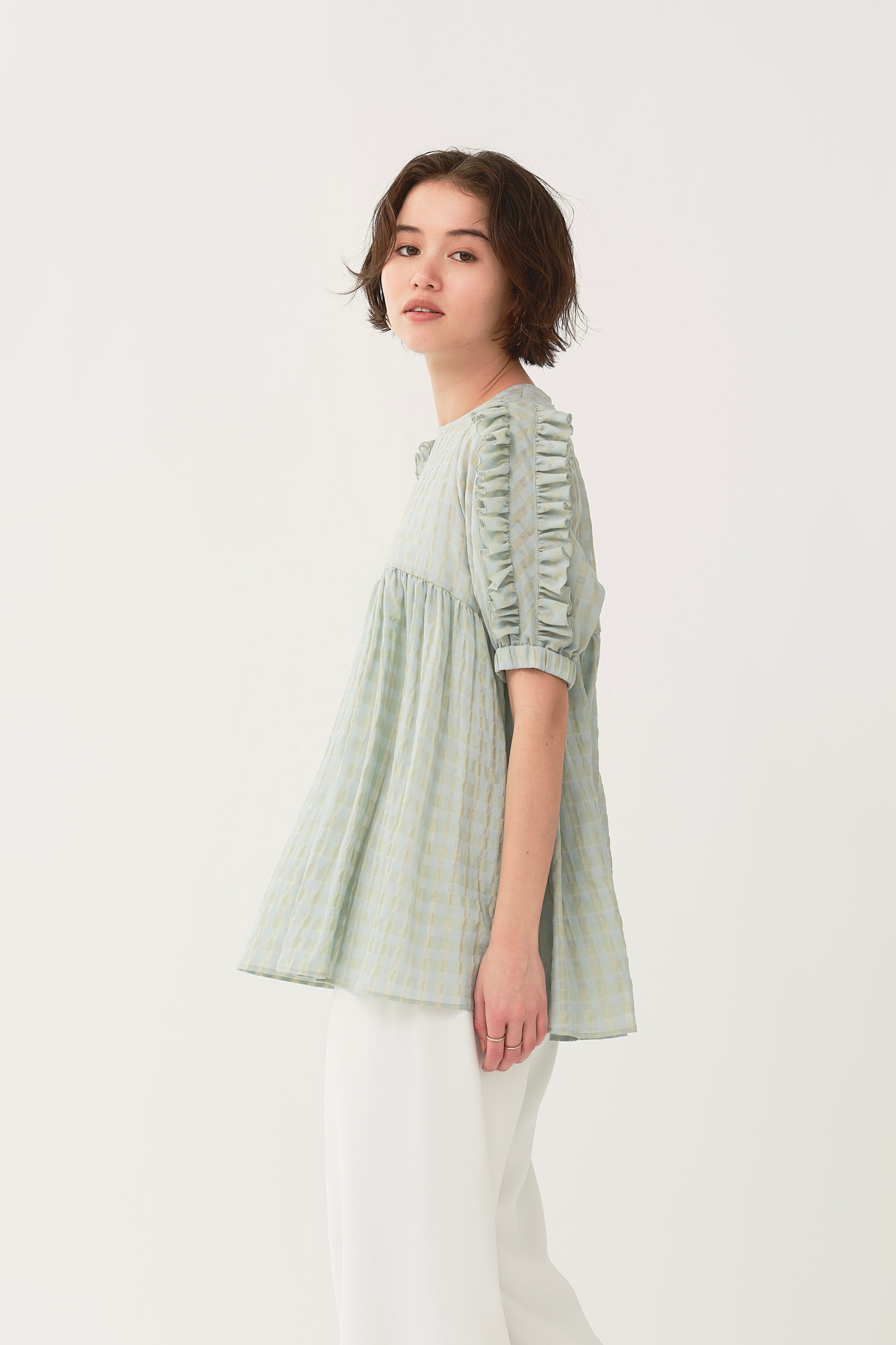 Frill Sleeve Sheer Check Blouse