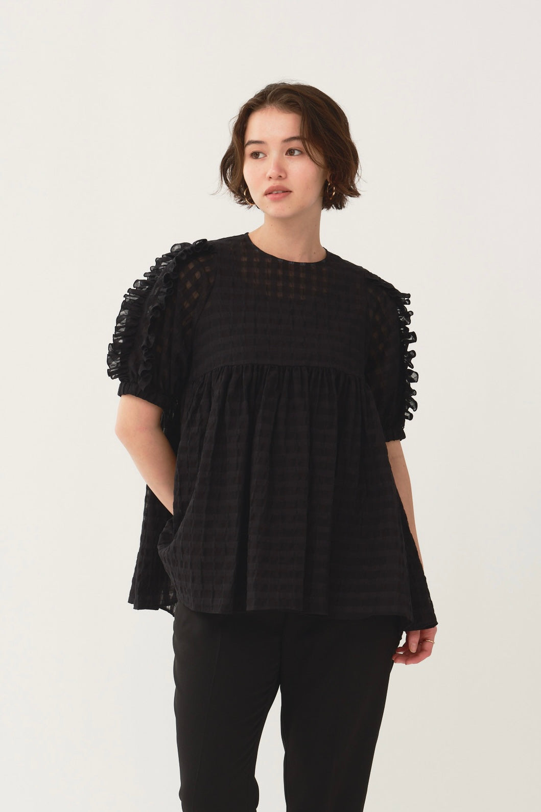 Frill Sleeve Sheer Check Blouse