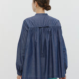 Denim Back Ribbon Gathered Blouse