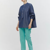 Denim Back Ribbon Gathered Blouse