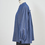 Denim Back Ribbon Gathered Blouse