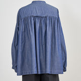 Denim Back Ribbon Gathered Blouse